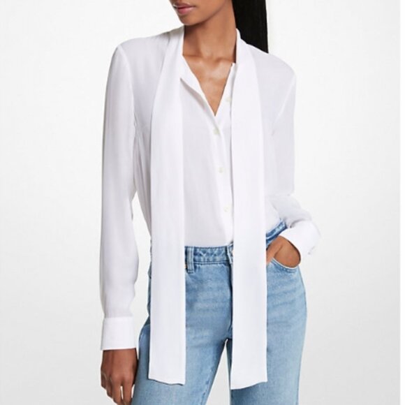 MICHAEL Michael Kors Viscose Blend Tie-Neck Blouse Size: S | Color: White | NWT - Picture 1 of 2